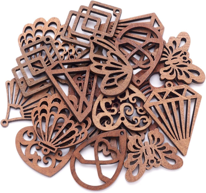 Ohrring-Set aus natürlichem Walnussholz, lasergeschnitten, Tropfenform, Raute, Schmetterlingsflügel,