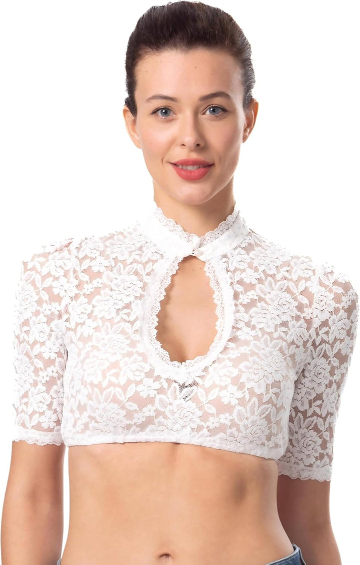 Dirndlwelle Dirndlbluse Hochgeschlossen,Exklusive Trachtenmode Dirndlbluse Langarm Dirndlbluse Weiss