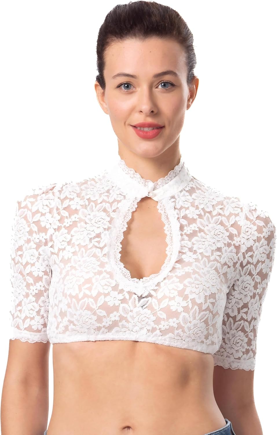 Dirndlwelle Oktoberfest Damen Dirndlbluse Elegante Trachtenbluse Blumenmuster Kurzarm Weiss Spitzebl