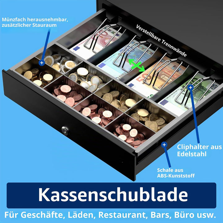 Kassenschublade für Drucker Kassenbelege und Registrierkasse. 4 Banknoten / 8 Münzen (Euro) - Schwar