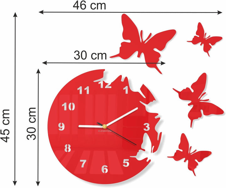 Grosse moderne Wanduhr Schmetterling Rot rund 30cm, 3d DIY, Wohnzimmer, Schlafzimmer, Kinderzimmer,