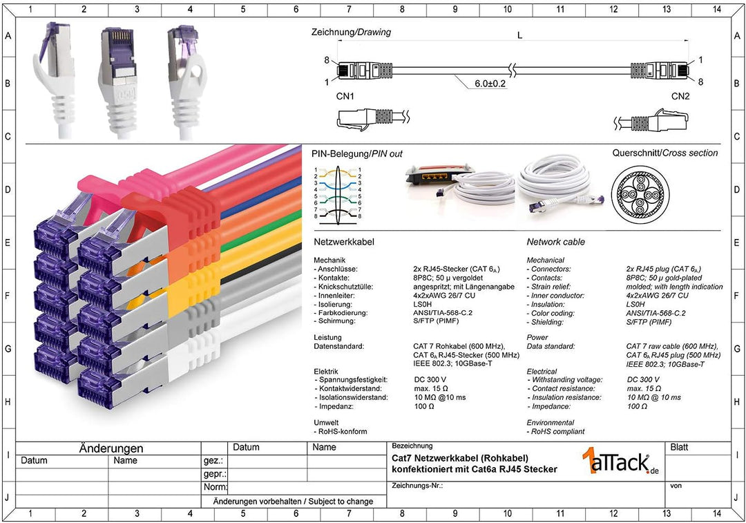 1aTTack.de Cat.7 Netzwerkkabel 10m - Violett - 5 Stück - Cat7 Patchkabel (SFTP/PIMF/LSZH) Rohkabel 1