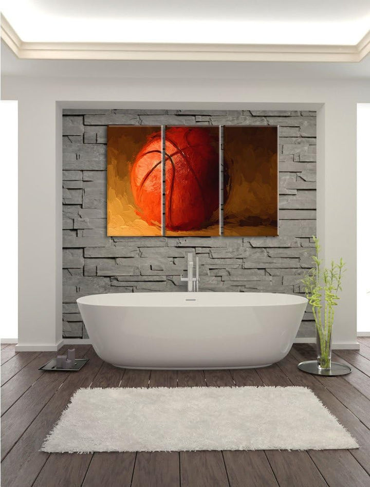 Pixxprint Basketball / 3-Teilig/Gesamtmass 120cm Leinwandbild bespannt auf Holzrahmen/Wandbild Kunst