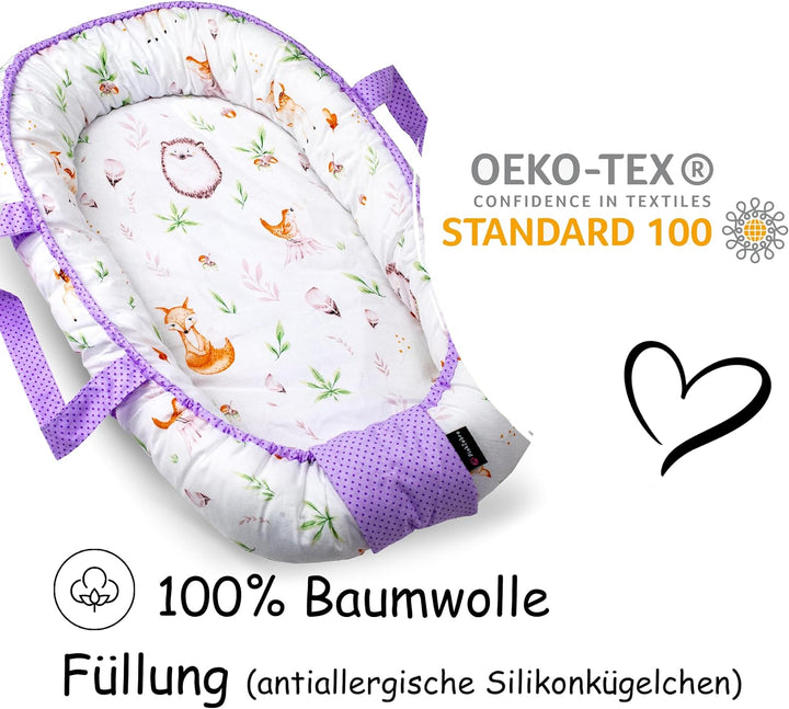 PinkZebra Tragetasche, 2 in 1 Tragetasche, Tragenest Kokon aus Baumwolle, Waldtiere Igel, Waldtiere