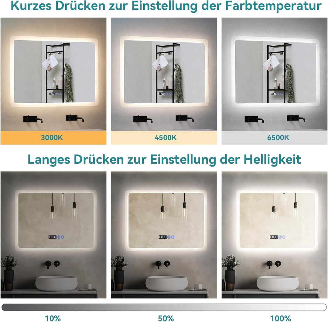 YOURLITE Badspiegel mit Beleuchtung 80x60 cm,LED Badezimmerspiegel mit Uhr Weiss - 80x60, Weiss - 80