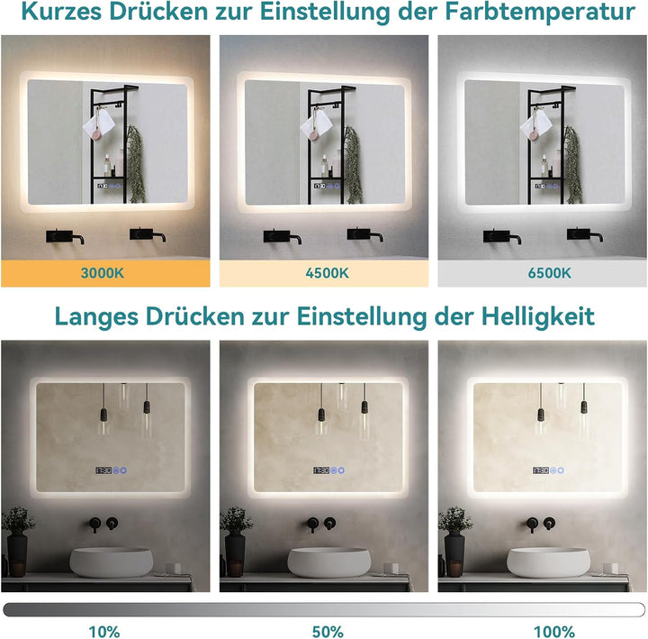 YOURLITE Badspiegel mit Beleuchtung 80x60 cm,LED Badezimmerspiegel mit Uhr Weiss - 80x60, Weiss - 80