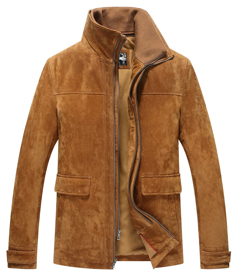 FLAVOR Herren Lederjacke Wildleder Jacke Baumwolle Gefüttert Mit Abnehmbares Kragen Freizeitjacke L