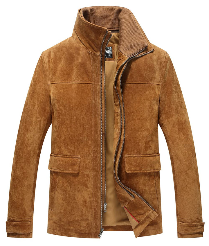FLAVOR Herren Lederjacke Wildleder Jacke Baumwolle Gefüttert Mit Abnehmbares Kragen Freizeitjacke L