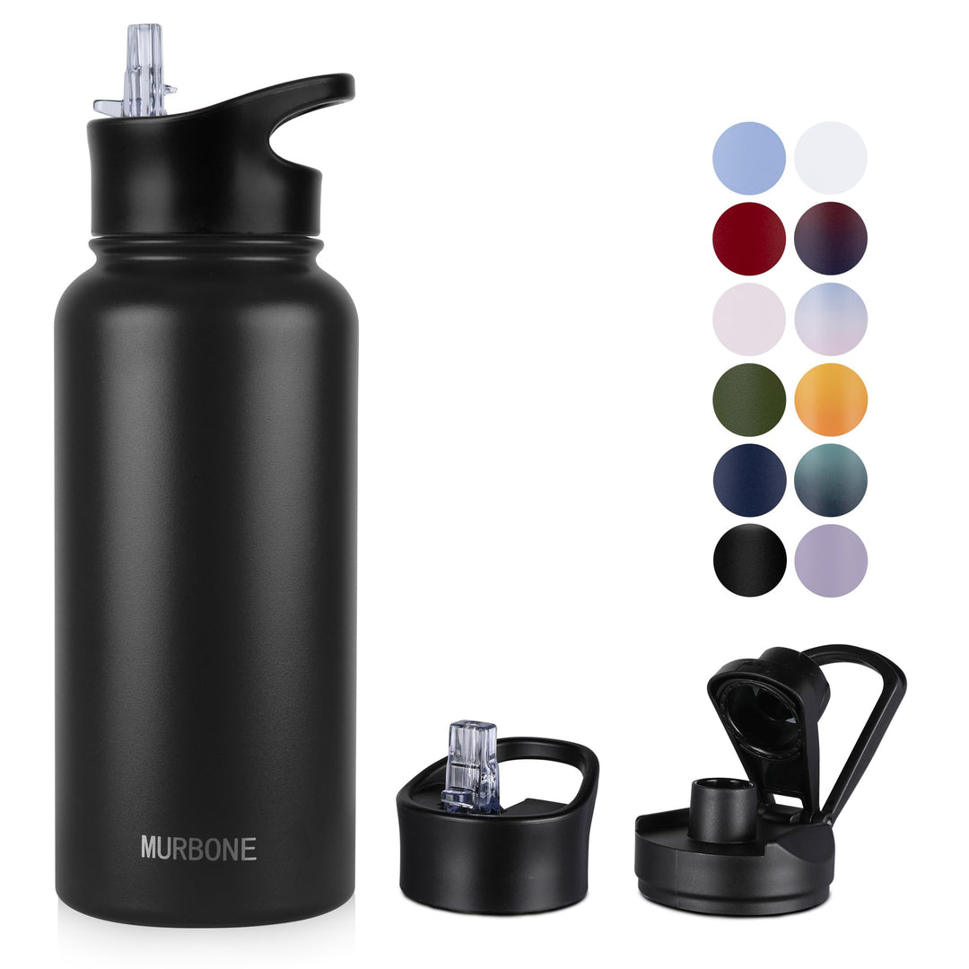 Edelstahl Trinkflasche 1L, (+2 Deckel)-mit Strohhalm,BPA frei,Thermosflasche Auslaufsicher,Kohlensäu