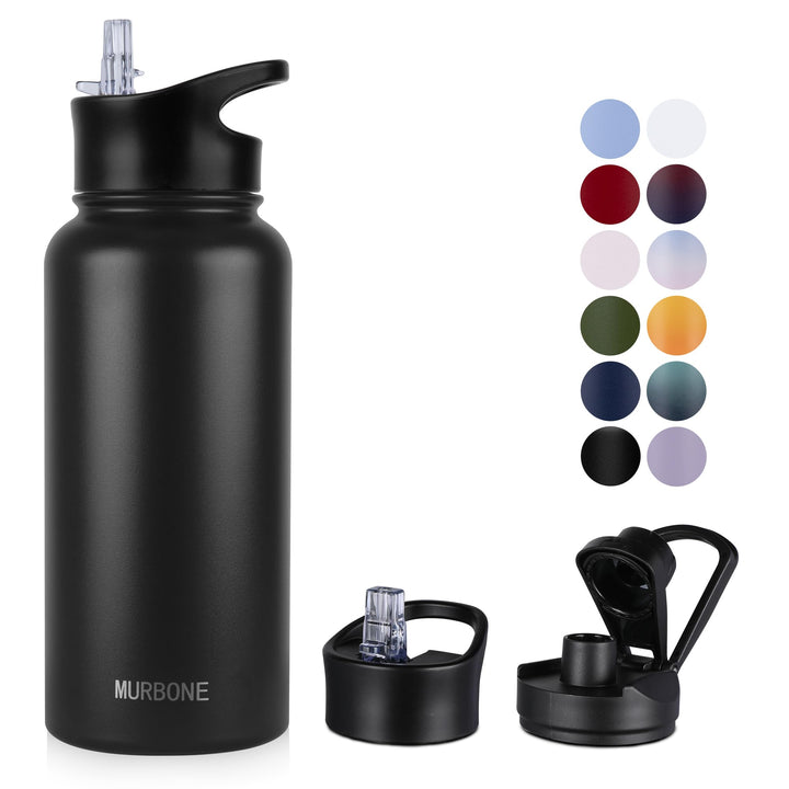 Edelstahl Trinkflasche 1L, (+2 Deckel)-mit Strohhalm,BPA frei,Thermosflasche Auslaufsicher,Kohlensäu