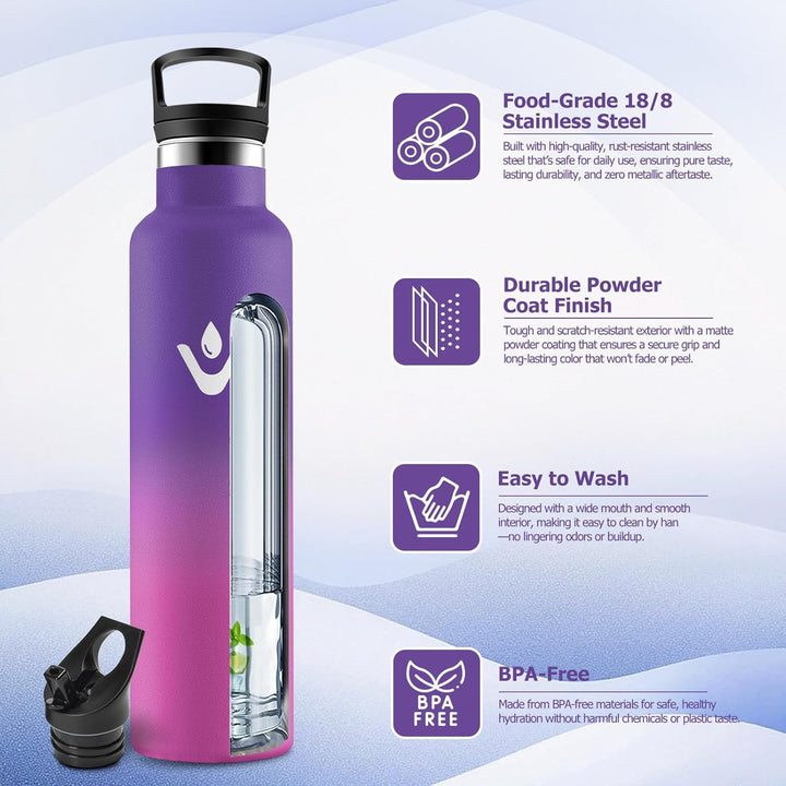 Thermosflasche 1L, Edelstahl Trinkflasche mit Strohhalm, Einhandöffnung, Vakuum Thermosflasche, Kohl