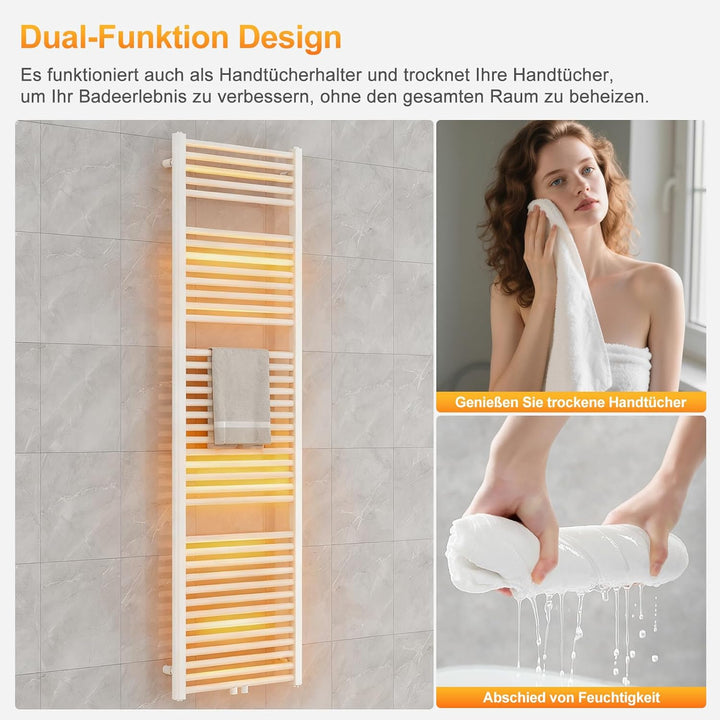 YEAUPE PRO Radiator für Warmwasseranlagen mit Handtuchhalter, Stahlkonstruktion, 1800 x 600 mm, Weis