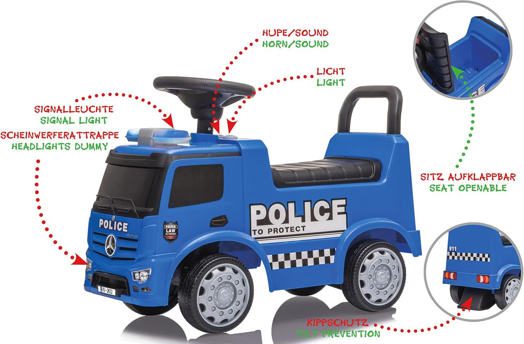 Rutscher Mercedes-Benz Antos Polizei - ab 12 Monate, Sitzhöhe 280 mm, Kippschutz, Kofferraum unter d