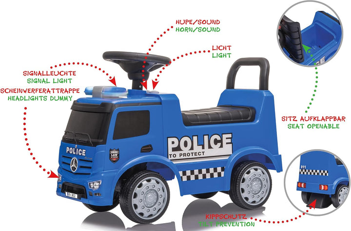 Rutscher Mercedes-Benz Antos Polizei - ab 12 Monate, Sitzhöhe 280 mm, Kippschutz, Kofferraum unter d
