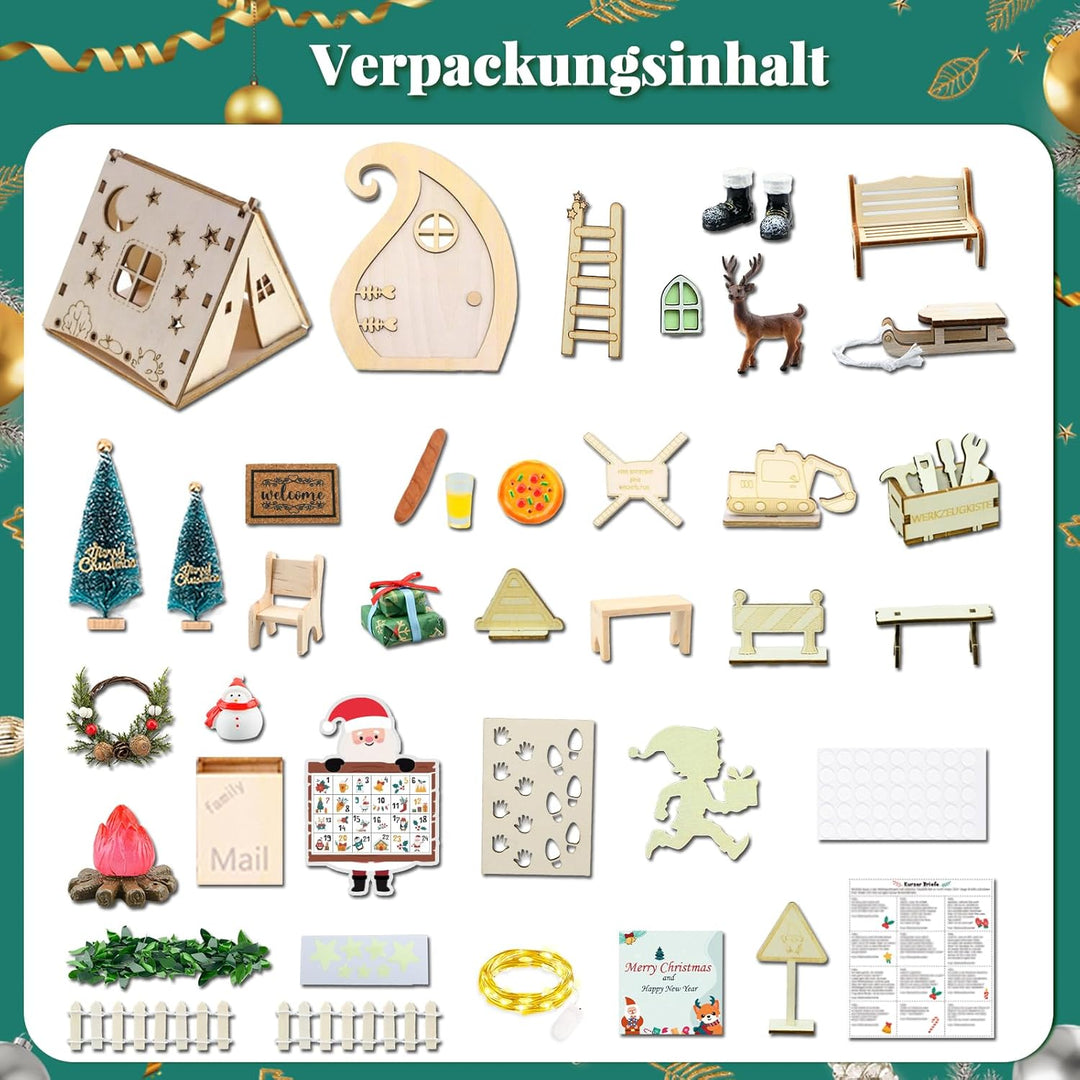 Wichteltür Set Wichtel Zubehör für Weihnachten 63 Stück, mit Zelt, Wichtel Baustelle, 12 Wichtelbrie