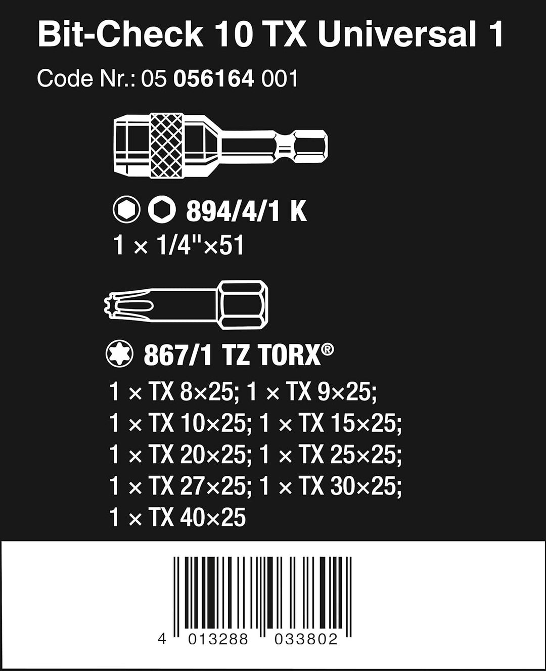 Wera Bit-Sortiment, Bit-Check 10 TX Universal 1, 10-teilig, 05056164001, Bit-Check 10 TX Universal 1