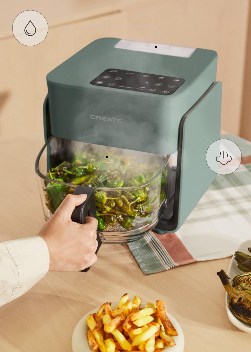CREATE/AIR FRYER MIST/Ölfreie Heissluftfritteuse 4.2L mit Wasserdampfgarer Salbeigrün/Fassungsvermög