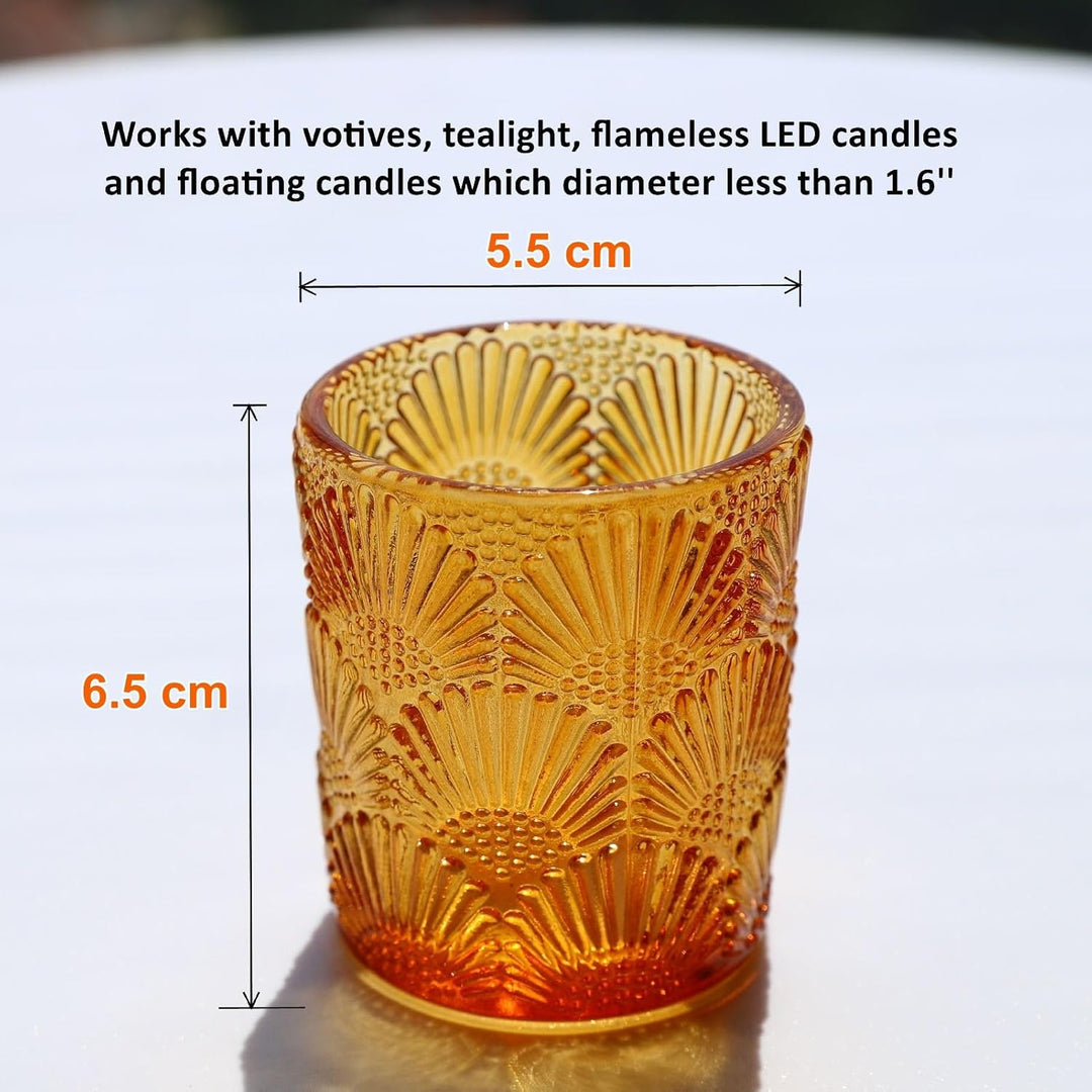 12 Stück Amber Teelichthalter Glas, Ginkgo-Biloba Teelichter Gläser (5,5 W × 6,5 H cm) im Grosspack