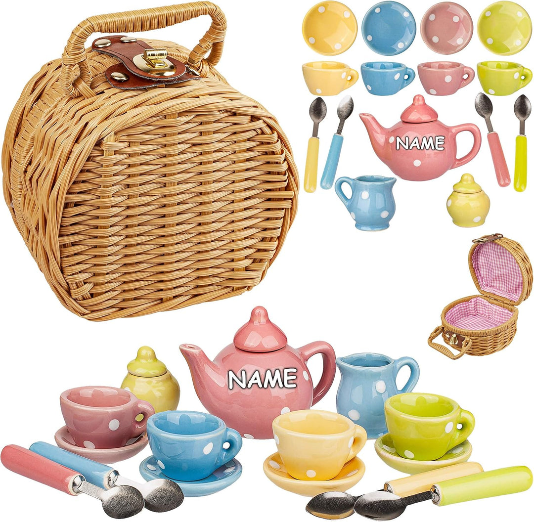 18 TLG. Set Picknick Korb - Puppengeschirr/Teeservice & Kaffeeservice - Bunte Punkte - Geschirr Porz