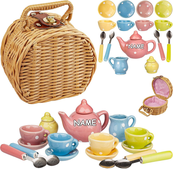 18 TLG. Set Picknick Korb - Puppengeschirr/Teeservice & Kaffeeservice - Bunte Punkte - Geschirr Porz