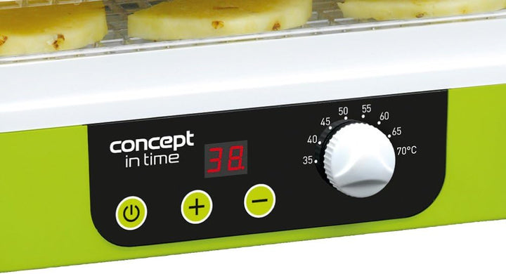 CONCEPT Hausgeräte SO1060 Dörrgerät IN TIME mit Zeitschaltuhr, 9 rechteckige Einlegeböden, grün, Dis