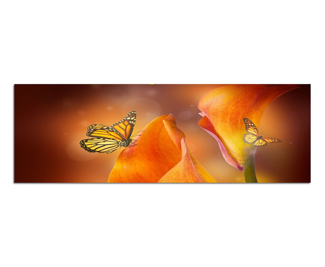 Paul Sinus Art Panoramabild auf Leinwand und Keilrahmen 150x50cm Lilien Schmetterlinge abstrakt
