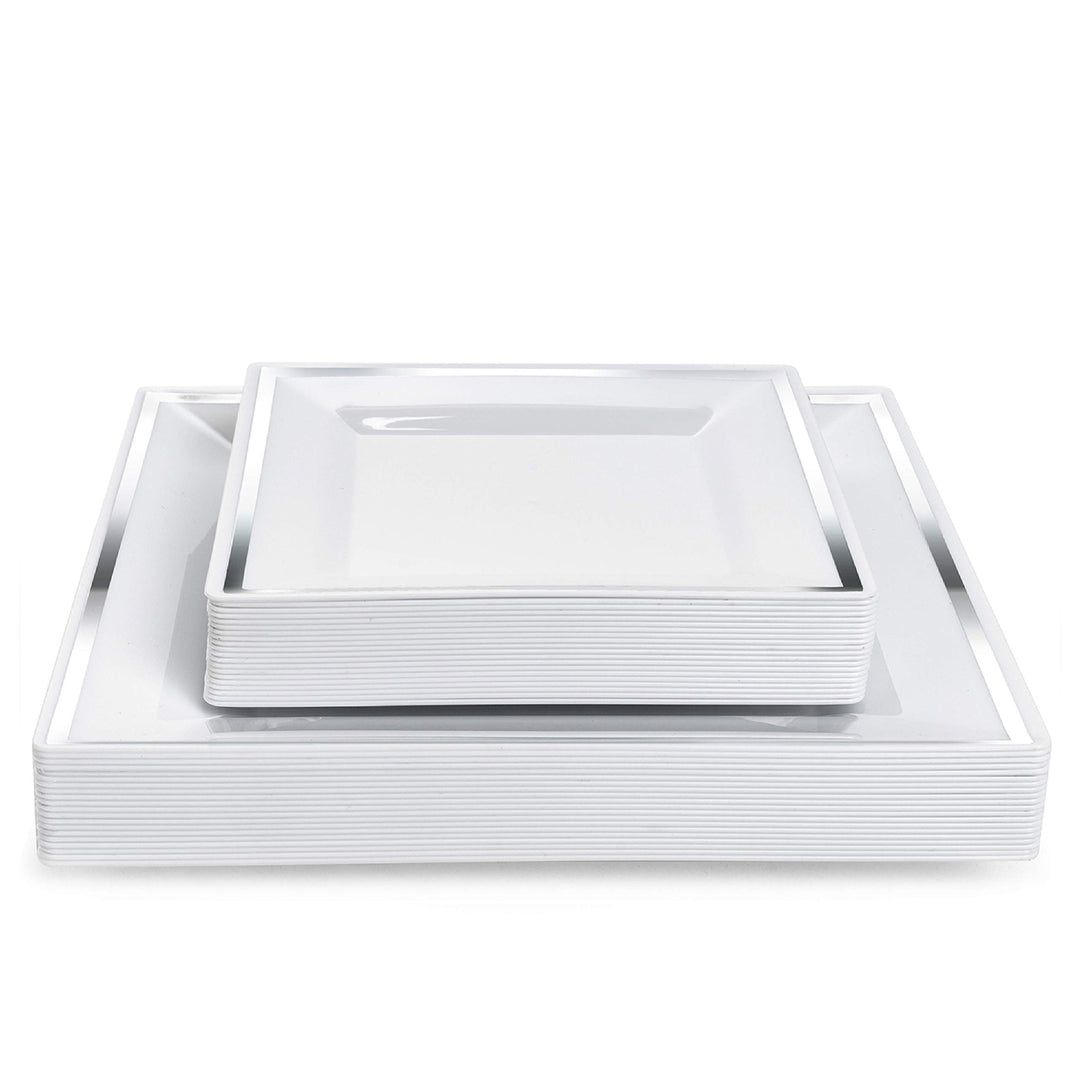 MATANA 40 Weisse Plastikteller mit Silbernem Rand für Hochzeiten, Geburtstage, Taufen, Weihnachten &
