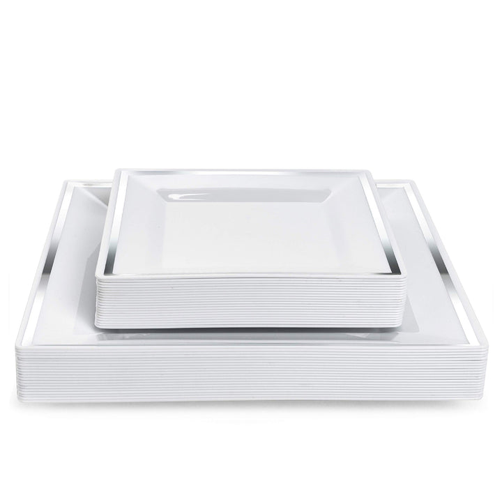 MATANA 40 Weisse Plastikteller mit Silbernem Rand für Hochzeiten, Geburtstage, Taufen, Weihnachten &