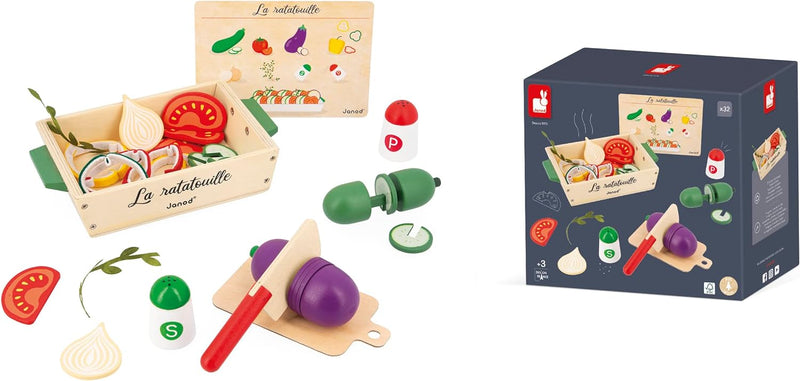 Janod Janod-Ratatouille-Spielset-32 Küchenzubehörteile-Rezept + Utensilien + Gemüse-Rollenspielzeug-