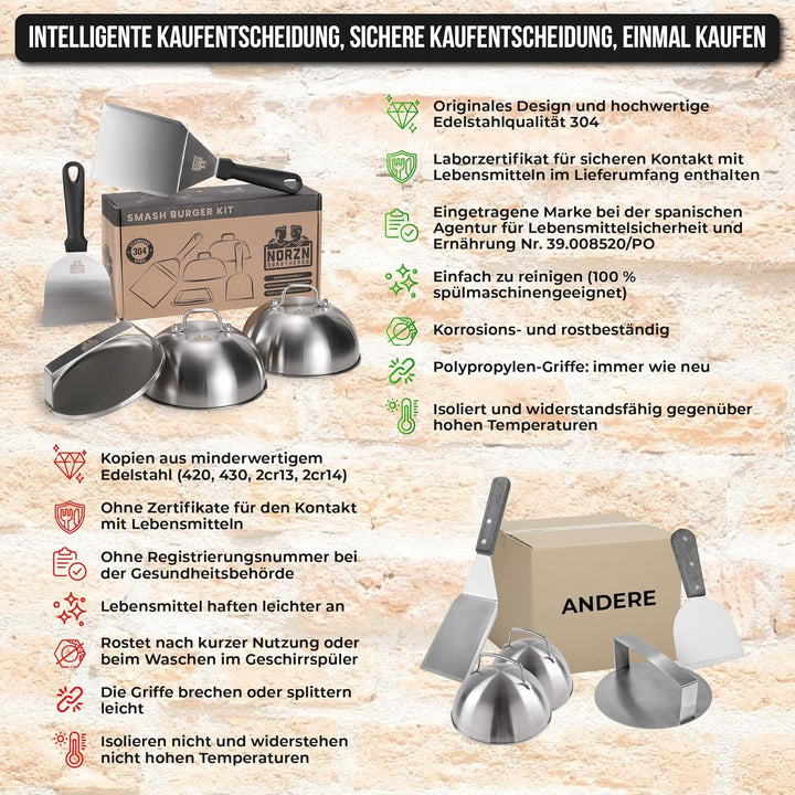 Smash Burger Set – Burger Smasher Set inkl. Hamburgerpresse, Burgerglocke Edelstahl 304, Grillspacht