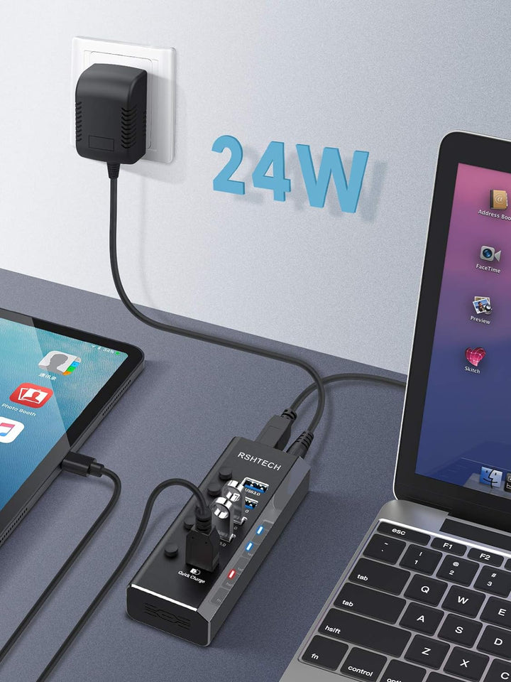 RSHTECH Aluminium USB Hub Aktiv 3.0 mit 24W Netzteil, mit 1*Schnellladeanschluss, 4*USB 3.0 Datenans