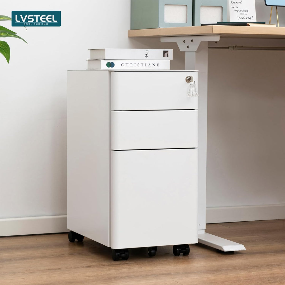 LVSTEEL Rollcontainer, Aktenschrank, Schubladenschrank, Büroschrank aus Metall, Vormontiert, Abschli