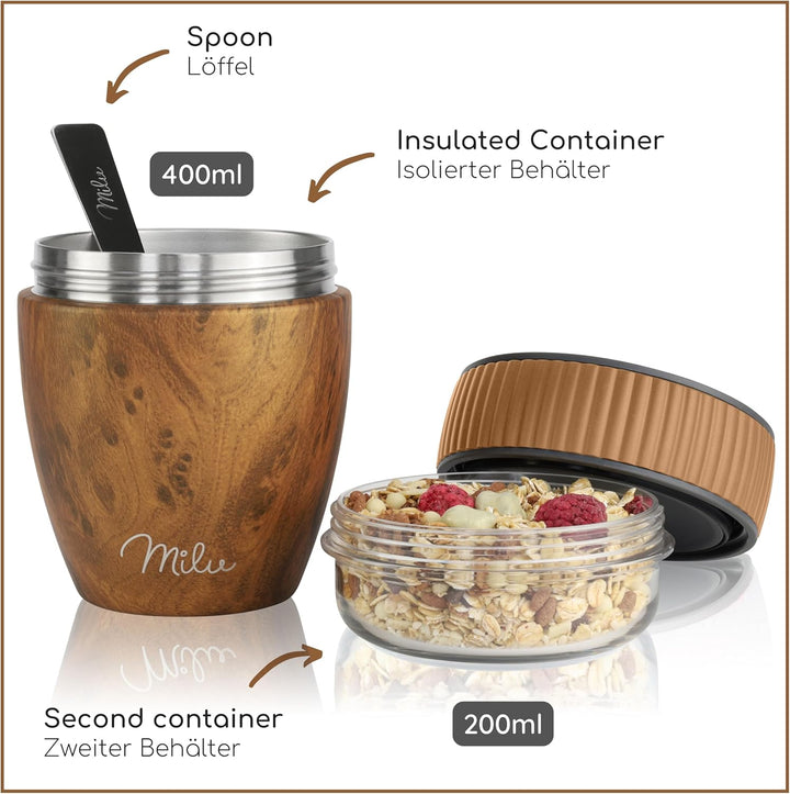 Milu Müslibecher to go 400ml "MüsliMax" I isolierter Edelstahl Joghurtbecher für Müsli I auslaufsich