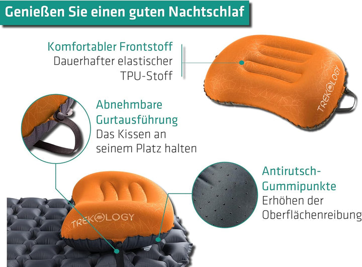 TREKOLOGY Camping Kissen Ultraleicht – Aufblasbares Nackenkissen für Camping, Trekking, Wandern, Str