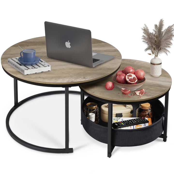 WLIVE Runder Couchtisch 2er Set, Moderne Wohnzimmertisch Rund, Beistelltisch mit Korb aus Stoff, 80