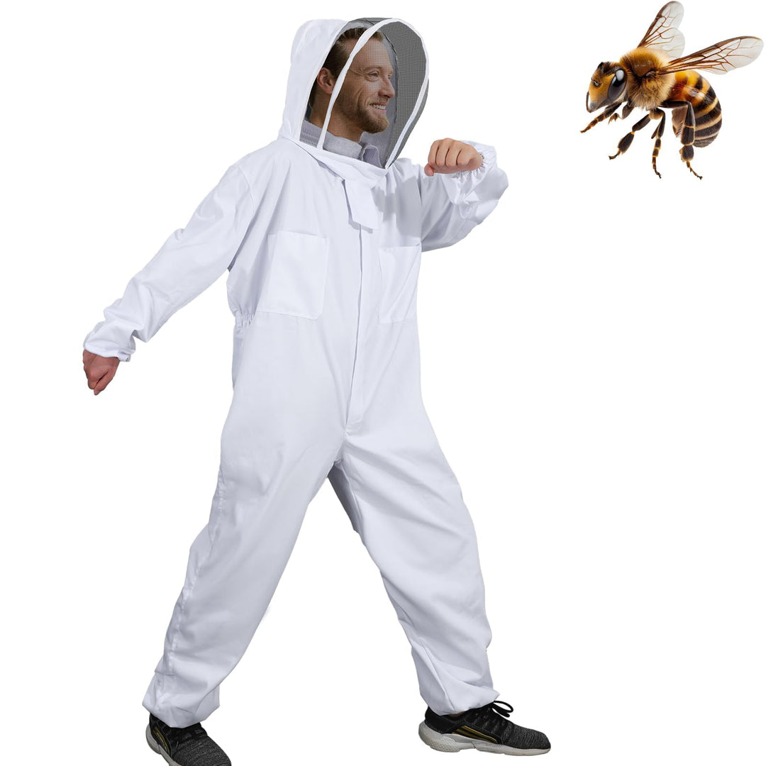 Moontay Baumwoll-Ganzkörper-Kleidung Imkeranzug Schutzanzug Overall Schutzkleidung mit Schleier, Kap