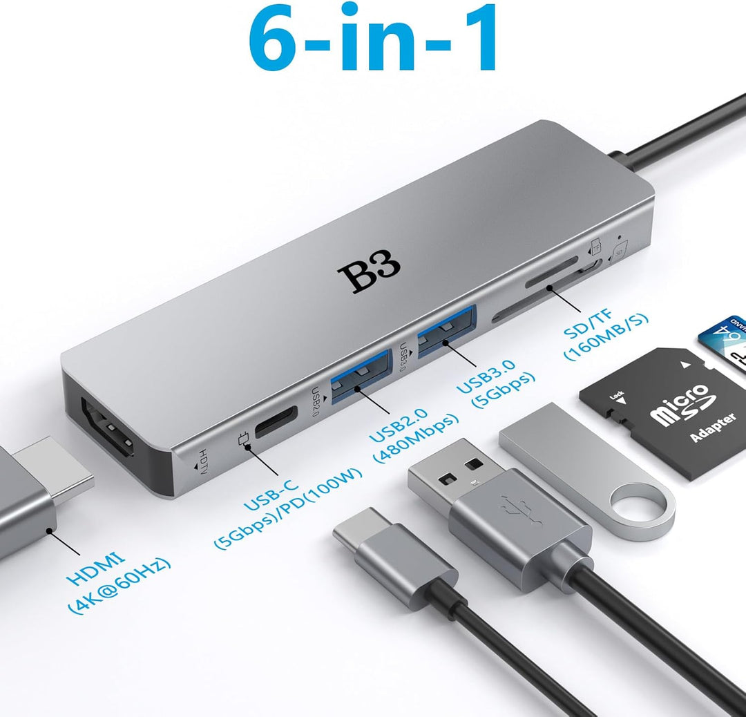 USB C Hub 6-in-1 Multiport-Adapter mit 4K@60Hz HDMI, 100W PD, 2 USB-A-Datenports, SD/TF-Kartenleser