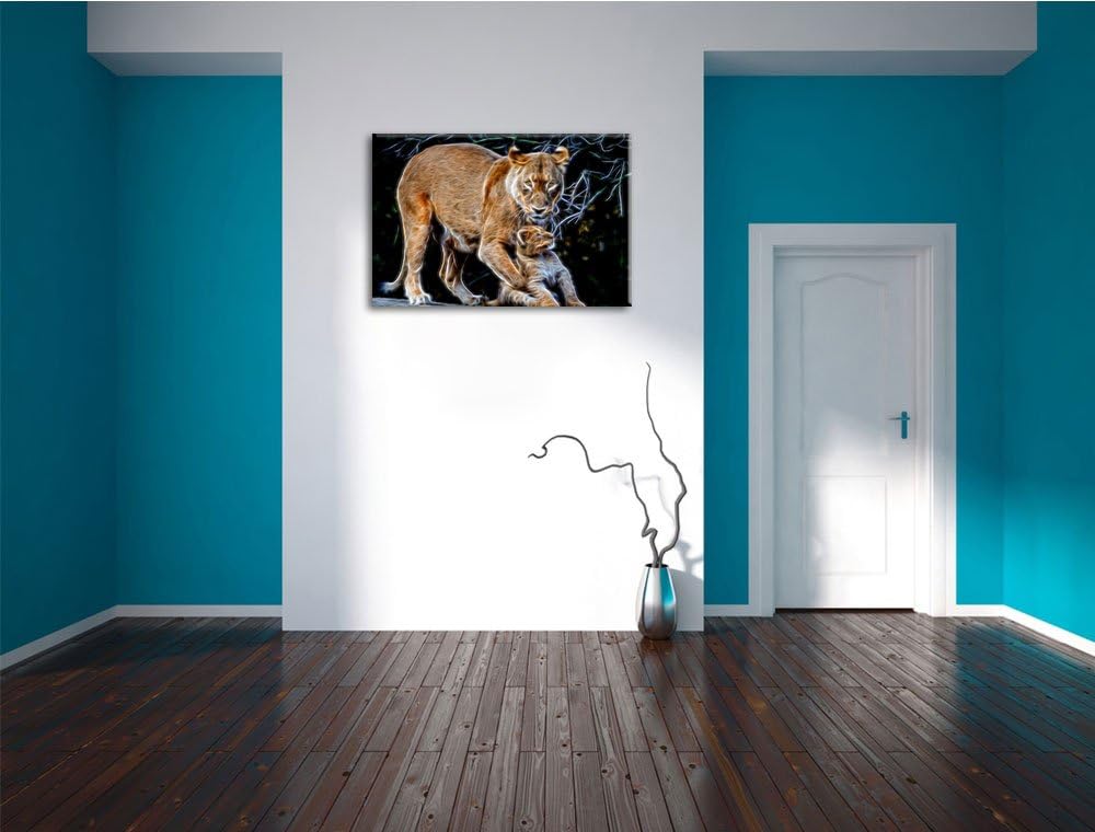 Dark Löwin spielt mit Jungtier Deluxe Format: 100x70 cm auf Leinwand, XXL riesige Bilder fertig gera