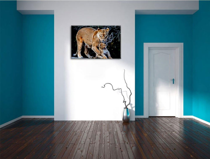 Dark Löwin spielt mit Jungtier Deluxe Format: 100x70 cm auf Leinwand, XXL riesige Bilder fertig gera