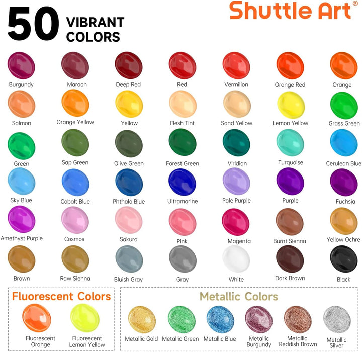 Acrylfarben Set, Shuttle Art 50 bunte Acryl Farben in Flaschen (je 60ml), hochpigmentiert, ungiftig,