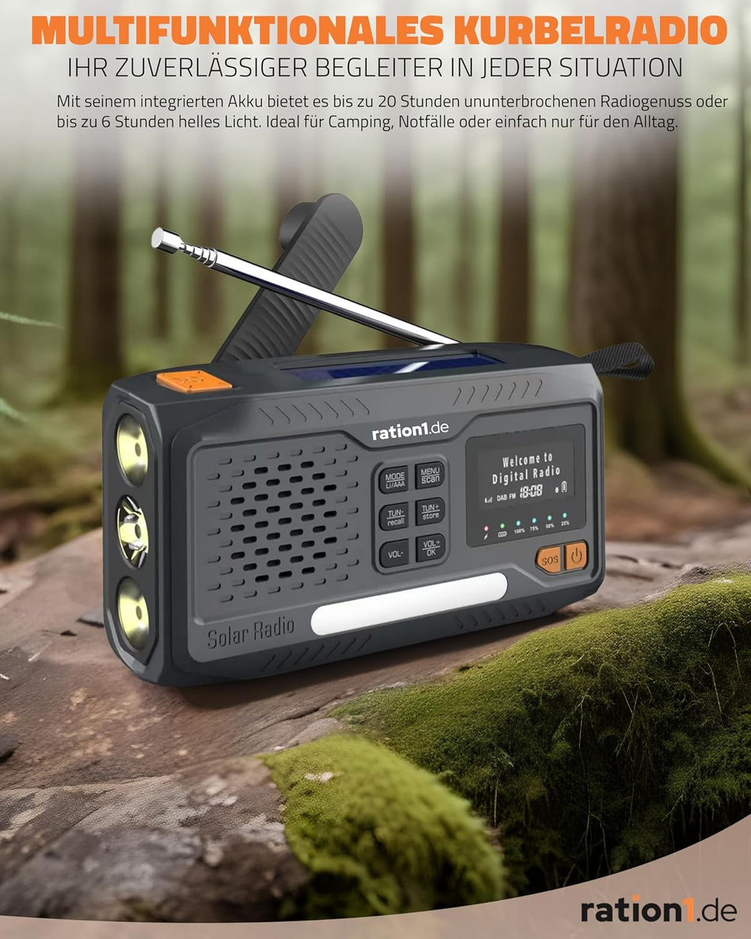 ration1 Kurbelradio DAB+, tragbares Solar Radio, Outdoor Radio, Notfallradio mit Handkurbel, Power B