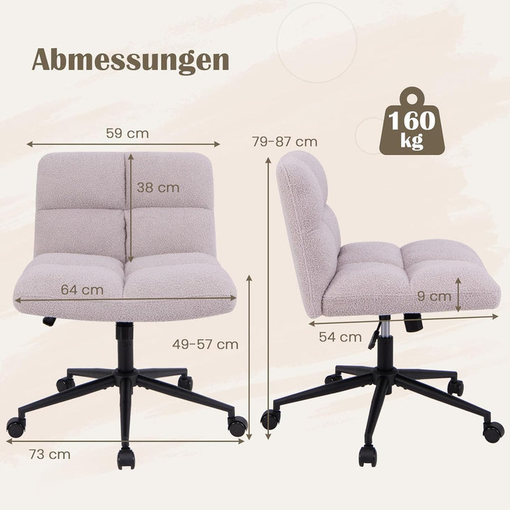 COSTWAY Schneidersitz Stuhl mit Rollen, Drehstuhl ohne Armlehnen, Schreibtischstuhl mit breiter Sitz