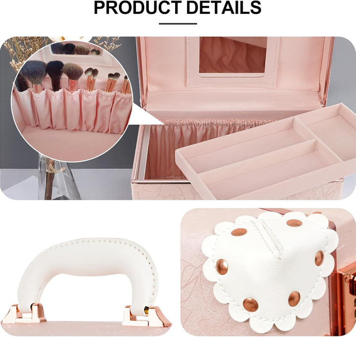 urecity Vintage Leder Kosmetikkoffer mit Spiegel - Hartschale Schminkkoffer für Damen, Reise Make-up