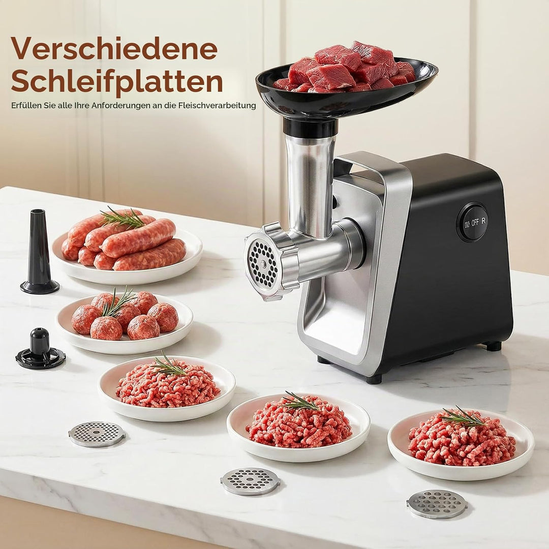 Fleischwolf Elektrisch [1000 W max] 3 in 1 Elektrischer Fleischwolf, 3 Edelstahl Lochscheiben Hackfl