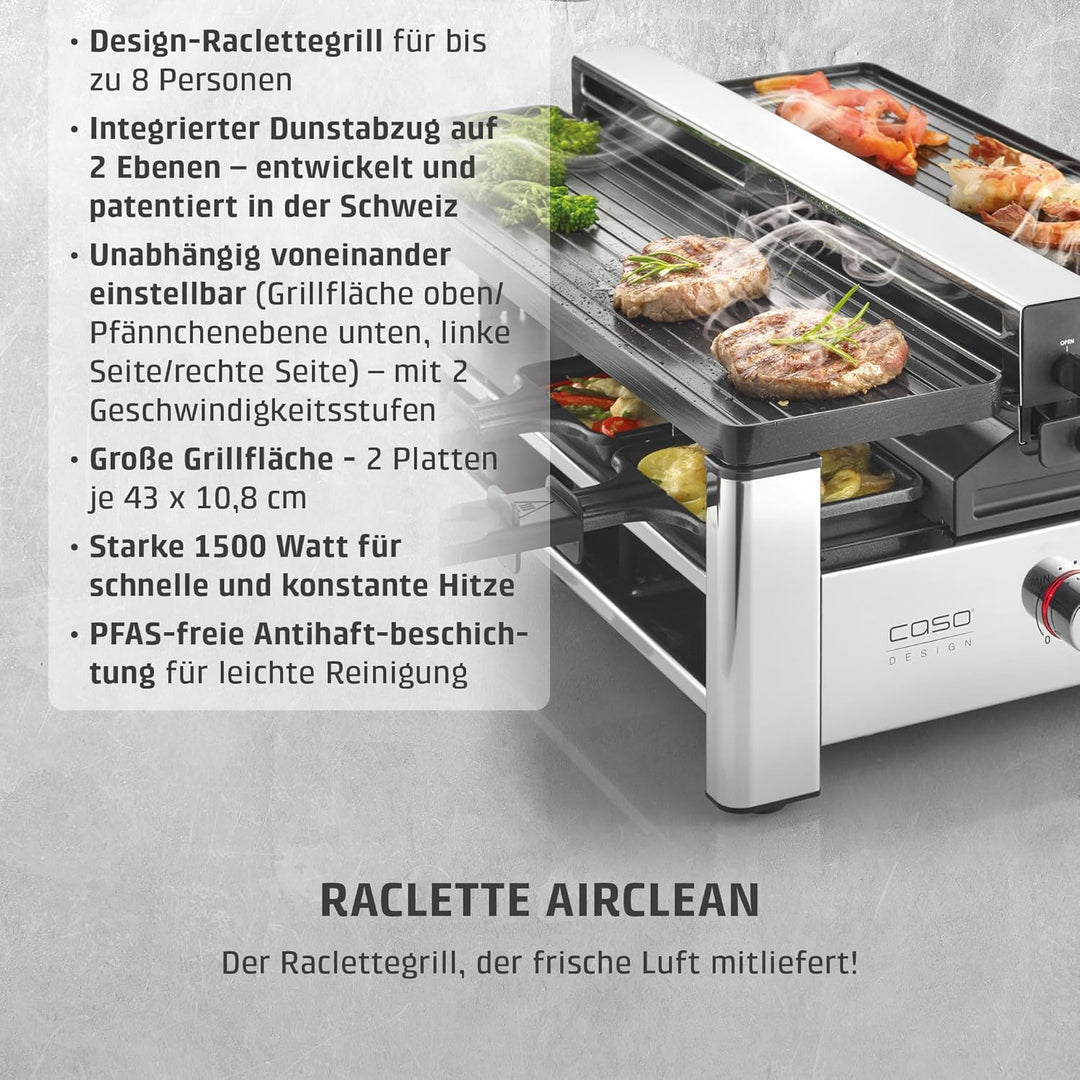 CASO Raclette AirClean - Raclettegrill mit integriertem Dunstabzug, für 8 Personen, schnelles Aufhei