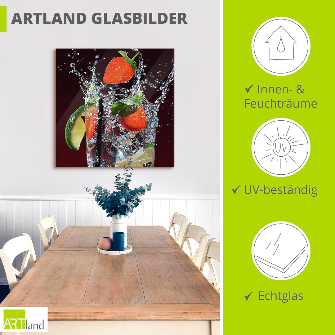 ARTland Wanddeko Glasbilder Wandbild Glas Bild einteilig Quadratisch Früchte im Wasser Cocktails Fru