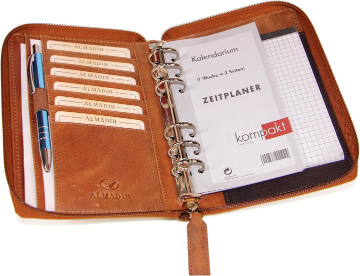 ALMADIH Leder A6 Organizer mit Reissverschluss Kalender 2024 Notizblock Premium Rindsleder Braun Del