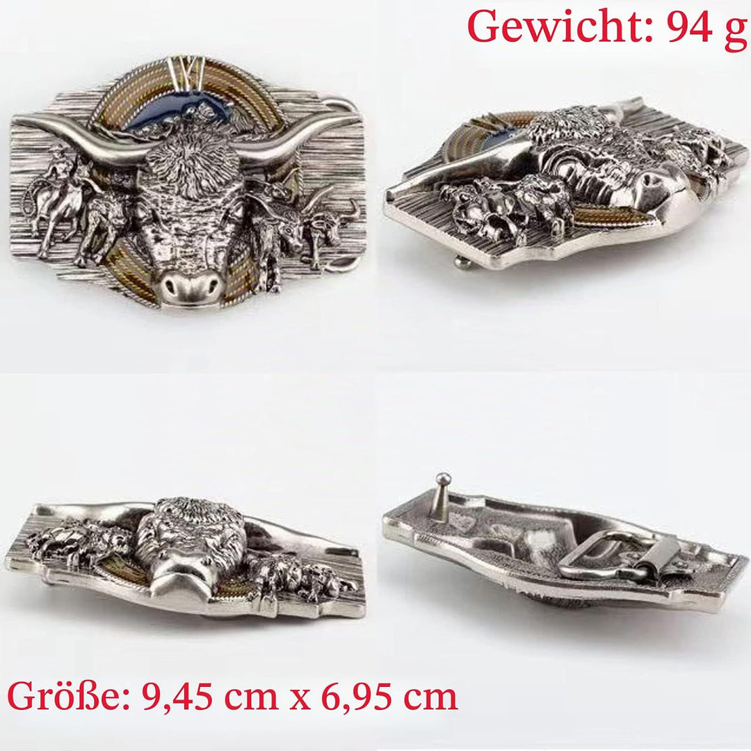 WRJAHCG Gürtel Western für Cowboy, Vintage Long Horn Bull Rodeo Western Cowboy Gürtel,Silver black,1