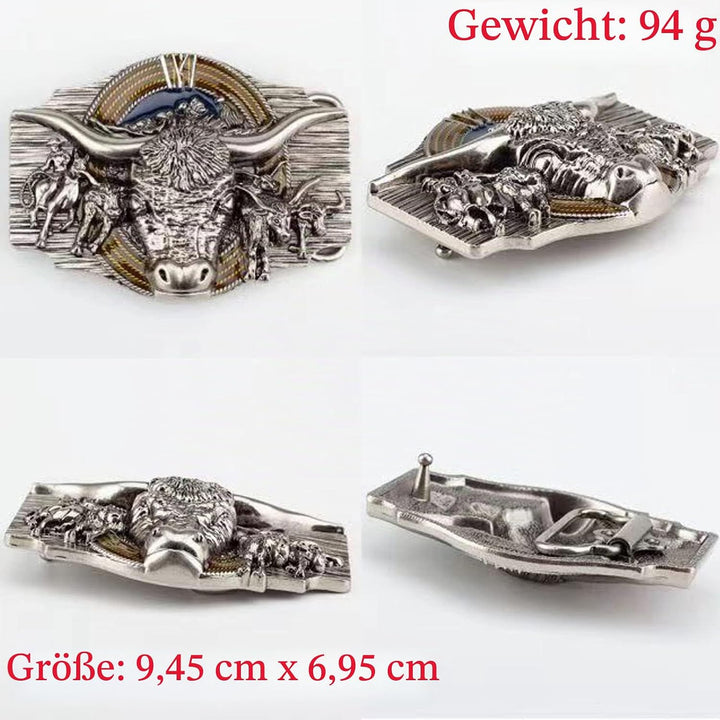 WRJAHCG Gürtel Western für Cowboy, Vintage Long Horn Bull Rodeo Western Cowboy Gürtel,Silver black,1
