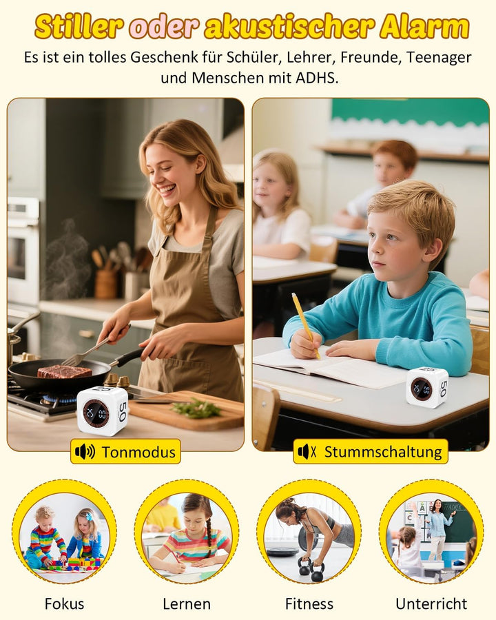 Pomodoro Timer Cube, Visueller Würfel-Timer für Kinder, Digitale LED Drehbarer Timer mit 5/10/25/50